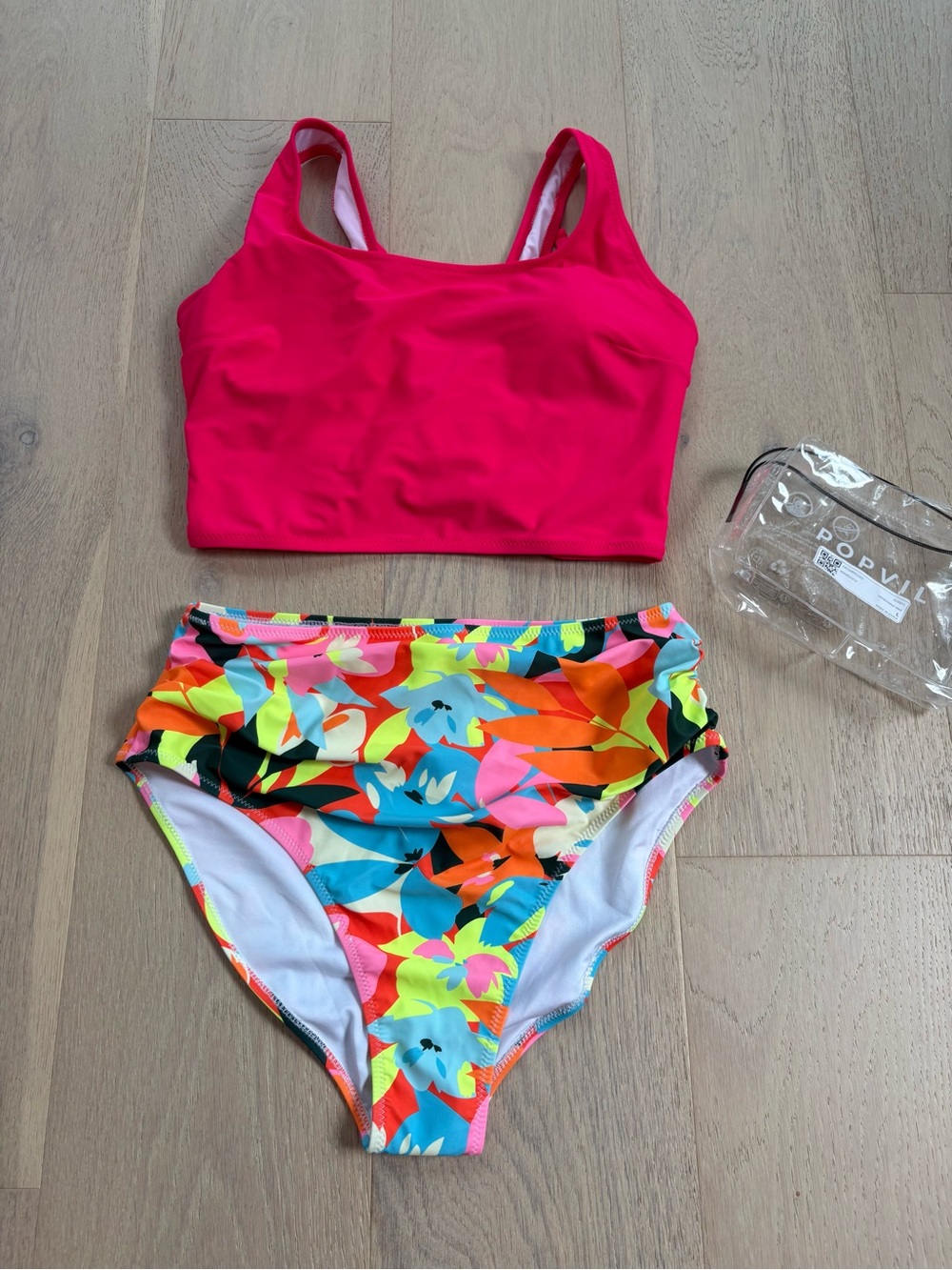 Womenās Swim Set with gorgeous pink top + floral high waist bottom